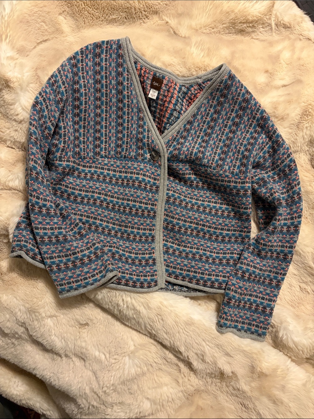 Tea Collection Blue and Pink Patterned Knit Cardigan